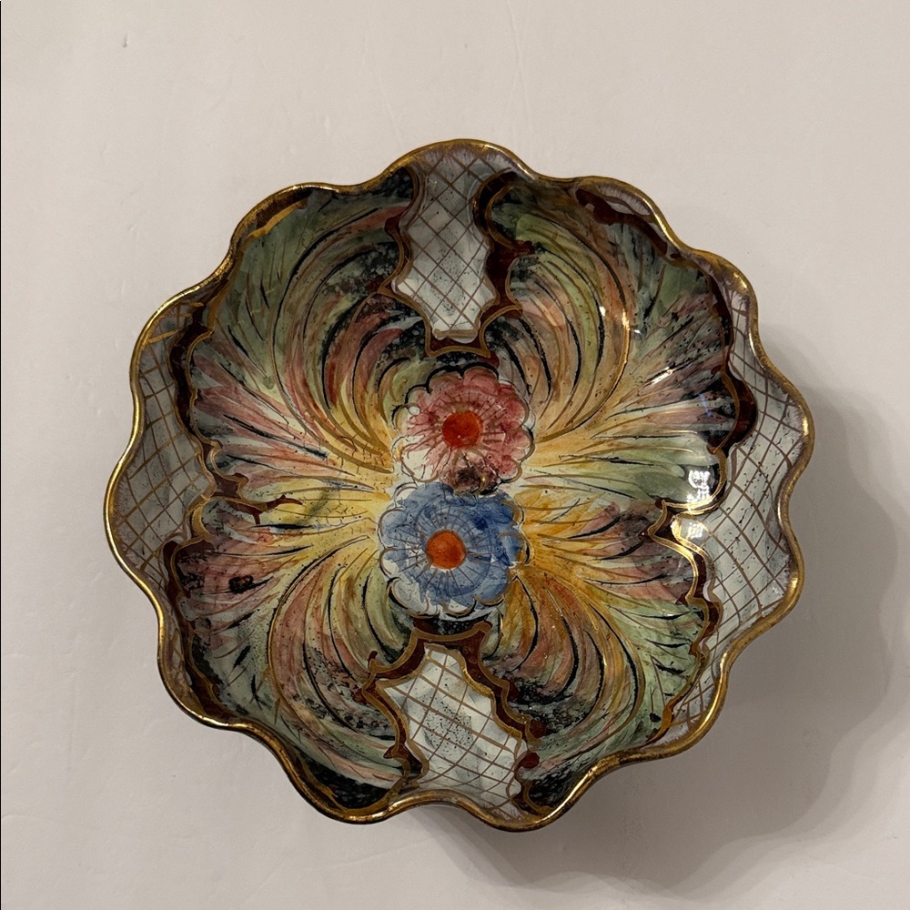 ITALY BOWL COMPOTE FOOTED CANDY DISH RUFFLED GOLD RIM MULTI FLORAL HANDMADE MCM